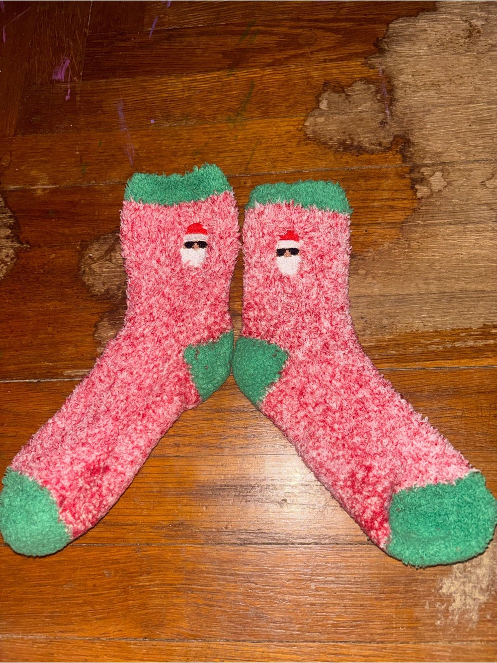 Cozy Pink & Green Santa Fuzzy Socks